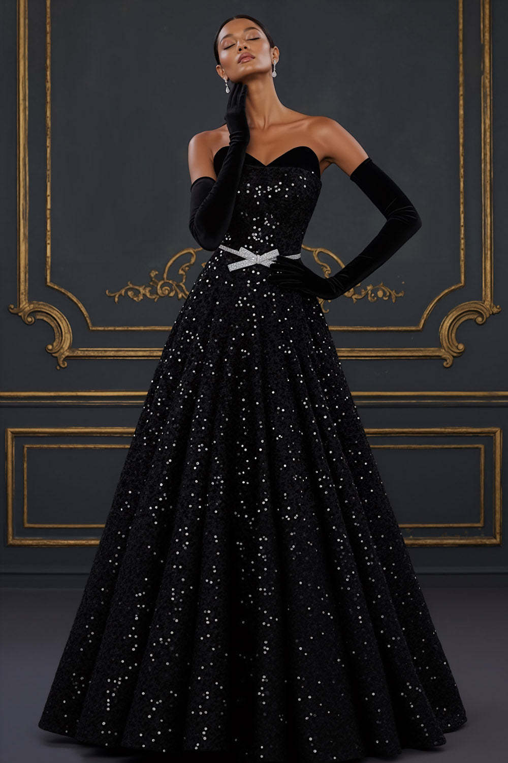 Sparkly Black Ball Gown Sweetheart Maxi Prom Dress with Bow