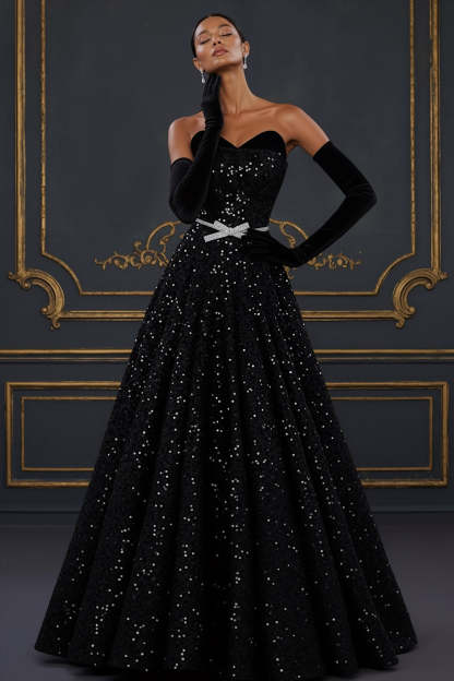 Sparkly Black Ball Gown Sweetheart Maxi Prom Dress with Bow
