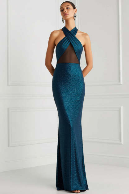 Leely Women Blue Mermaid Long Formal Dress Cross Halter Neck Backless Sheer Black Tie Dress