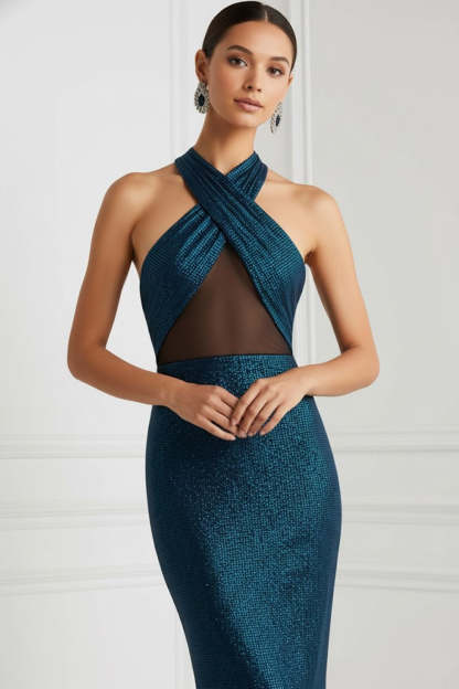 Blue Cross Halter Neck Mermaid Maxi Backless Formal Dress