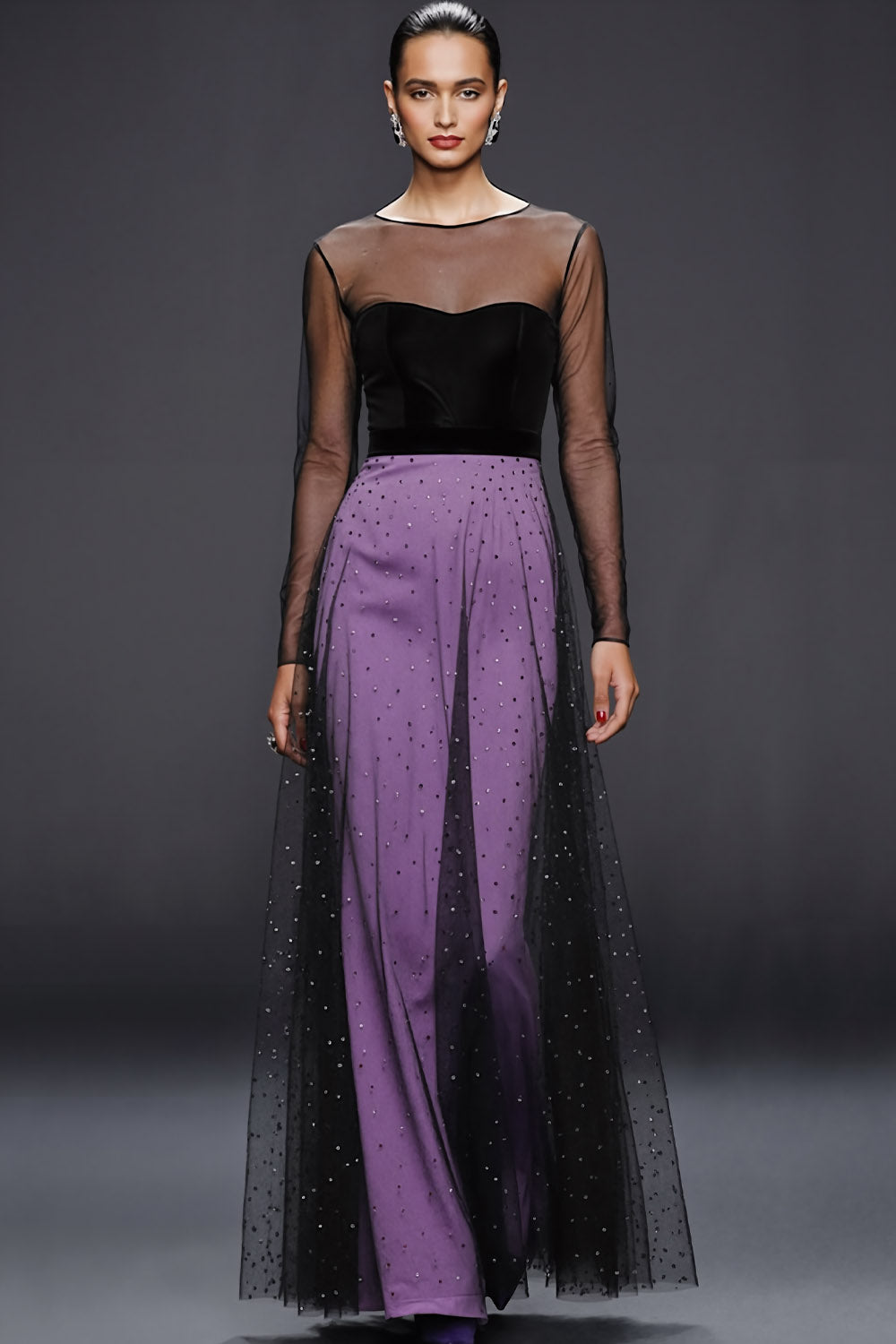 Leely Women Glitter A-Line Long Formal Dress with Rhinestones Illusion Neck Long Sheer Sleeves Evening Dress with Tulle