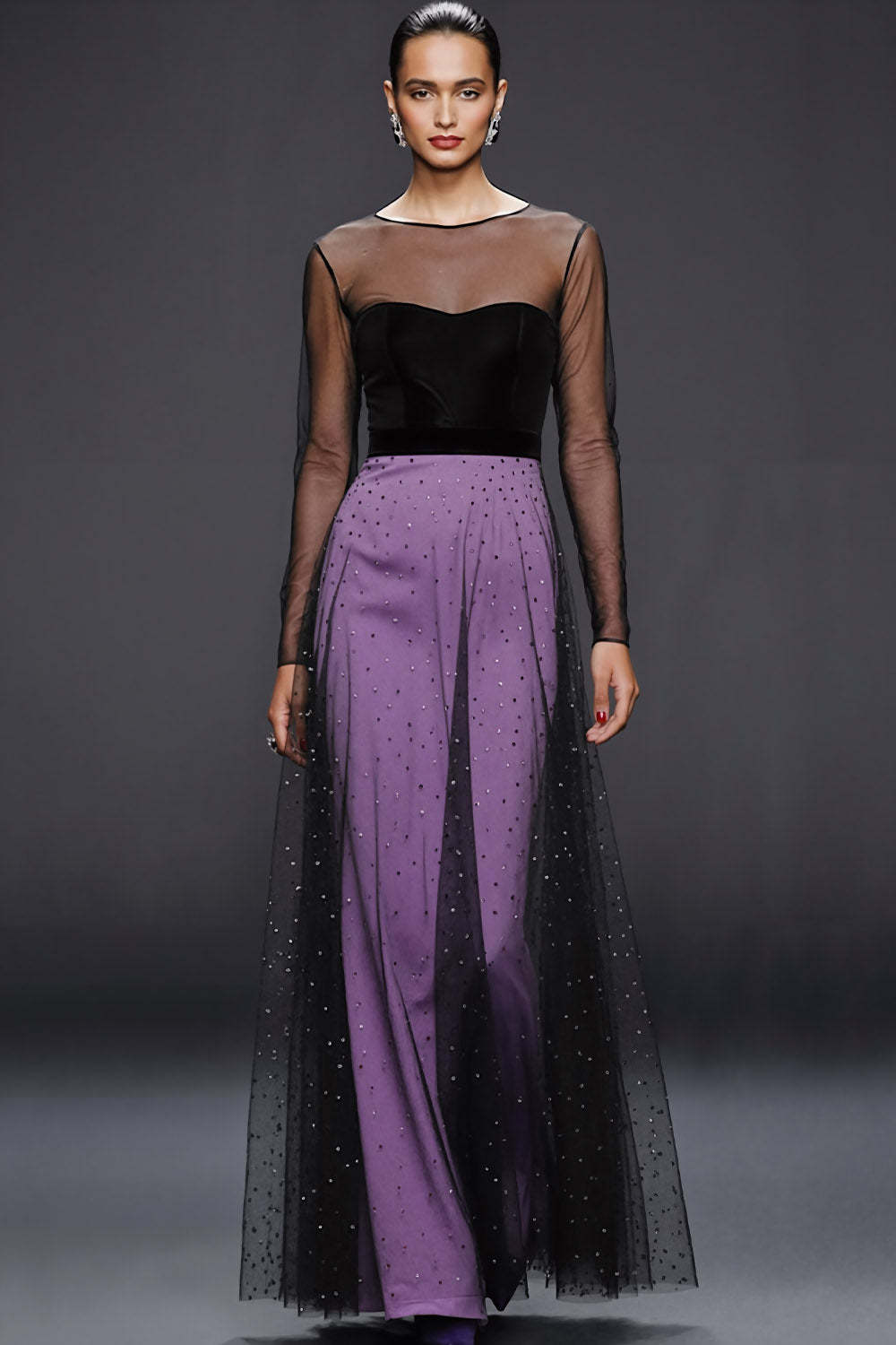 Leely Women Glitter A-Line Long Formal Dress with Rhinestones Illusion Neck Long Sheer Sleeves Evening Dress with Tulle