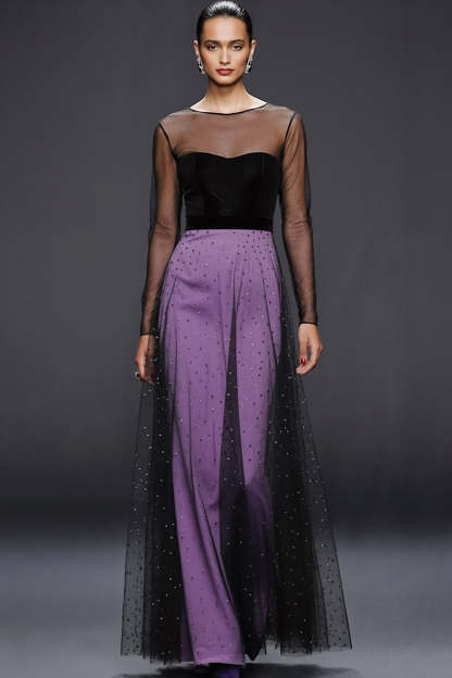 Leely Women Glitter A-Line Long Formal Dress with Rhinestones Illusion Neck Long Sheer Sleeves Evening Dress with Tulle