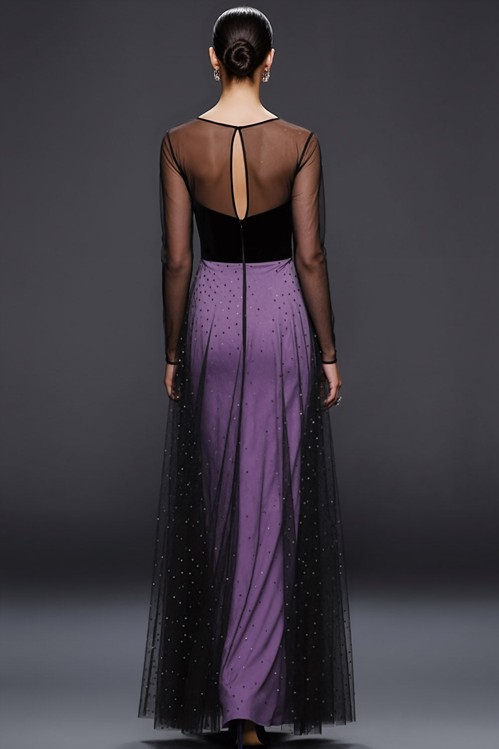 Glitter Purple Illusion Neck Maxi Formal Dress with Tulle