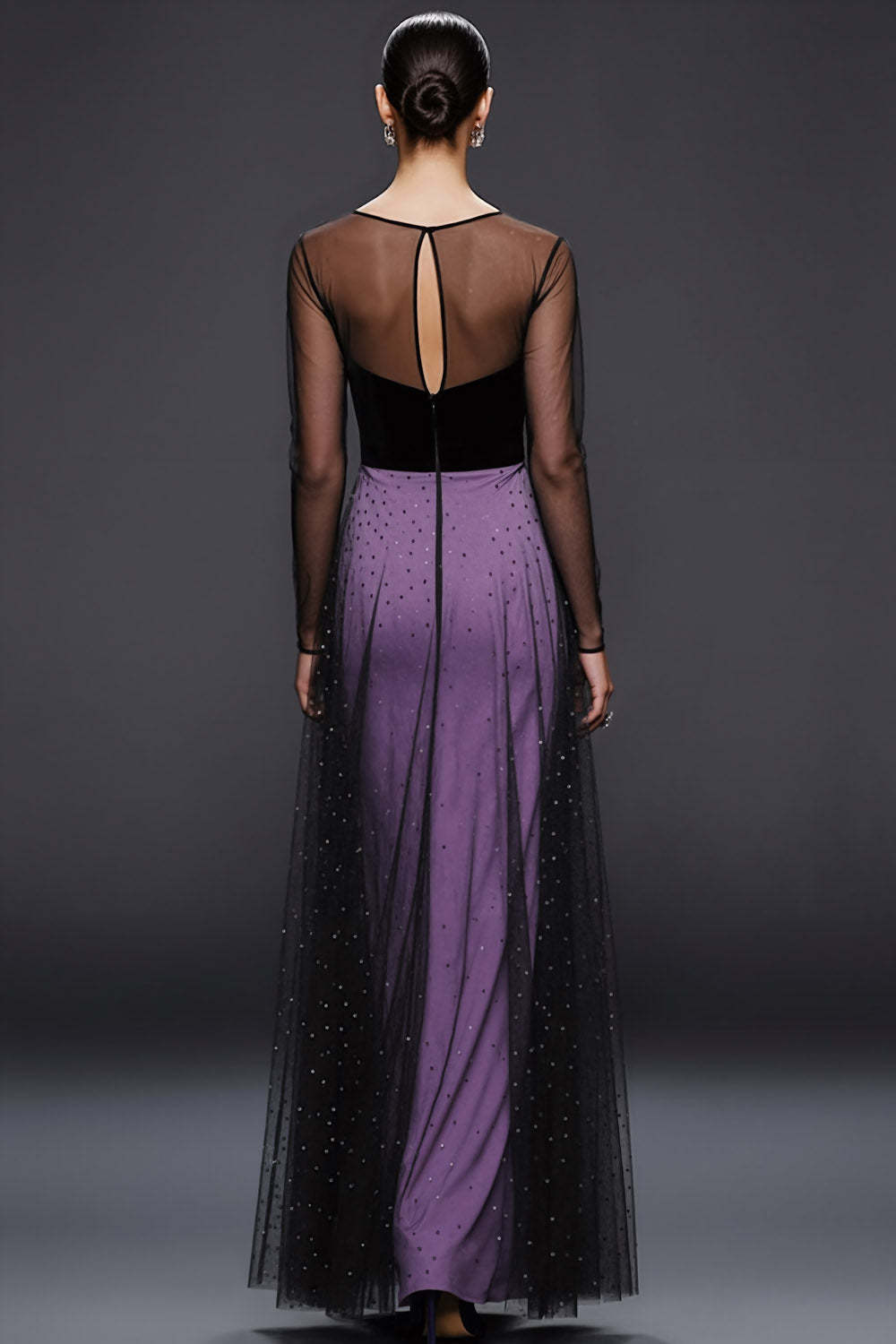 Glitter Purple Illusion Neck Maxi Formal Dress with Tulle