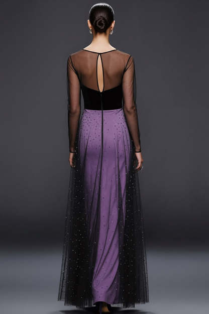 Glitter Purple Illusion Neck Maxi Formal Dress with Tulle