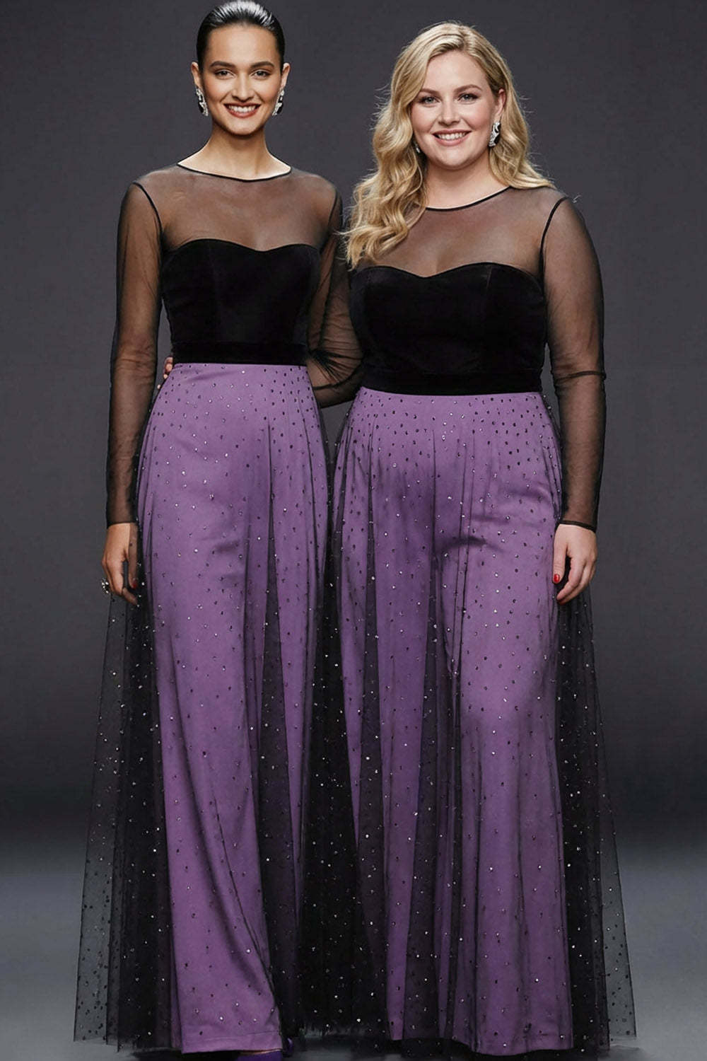 Glitter Purple Illusion Neck Maxi Formal Dress with Tulle