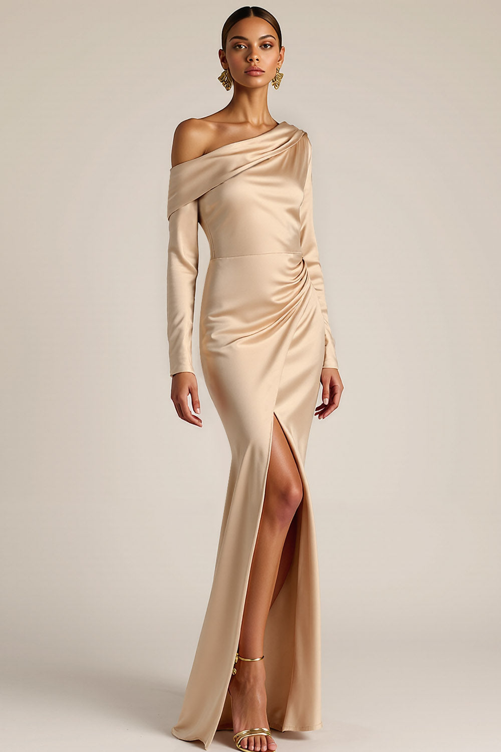 Leely Women Elegant Mermaid Long Formal Dress with Slit Satin Off the Shoulder Evening Dress with Sleeves