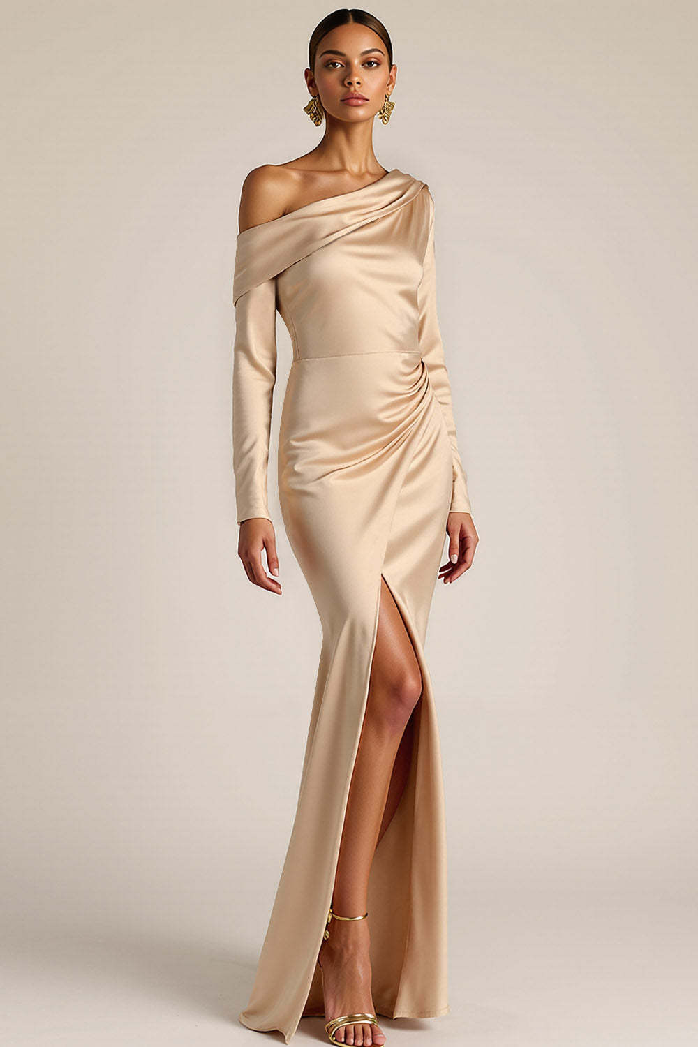 Leely Women Elegant Mermaid Long Formal Dress with Slit Satin Off the Shoulder Evening Dress with Sleeves