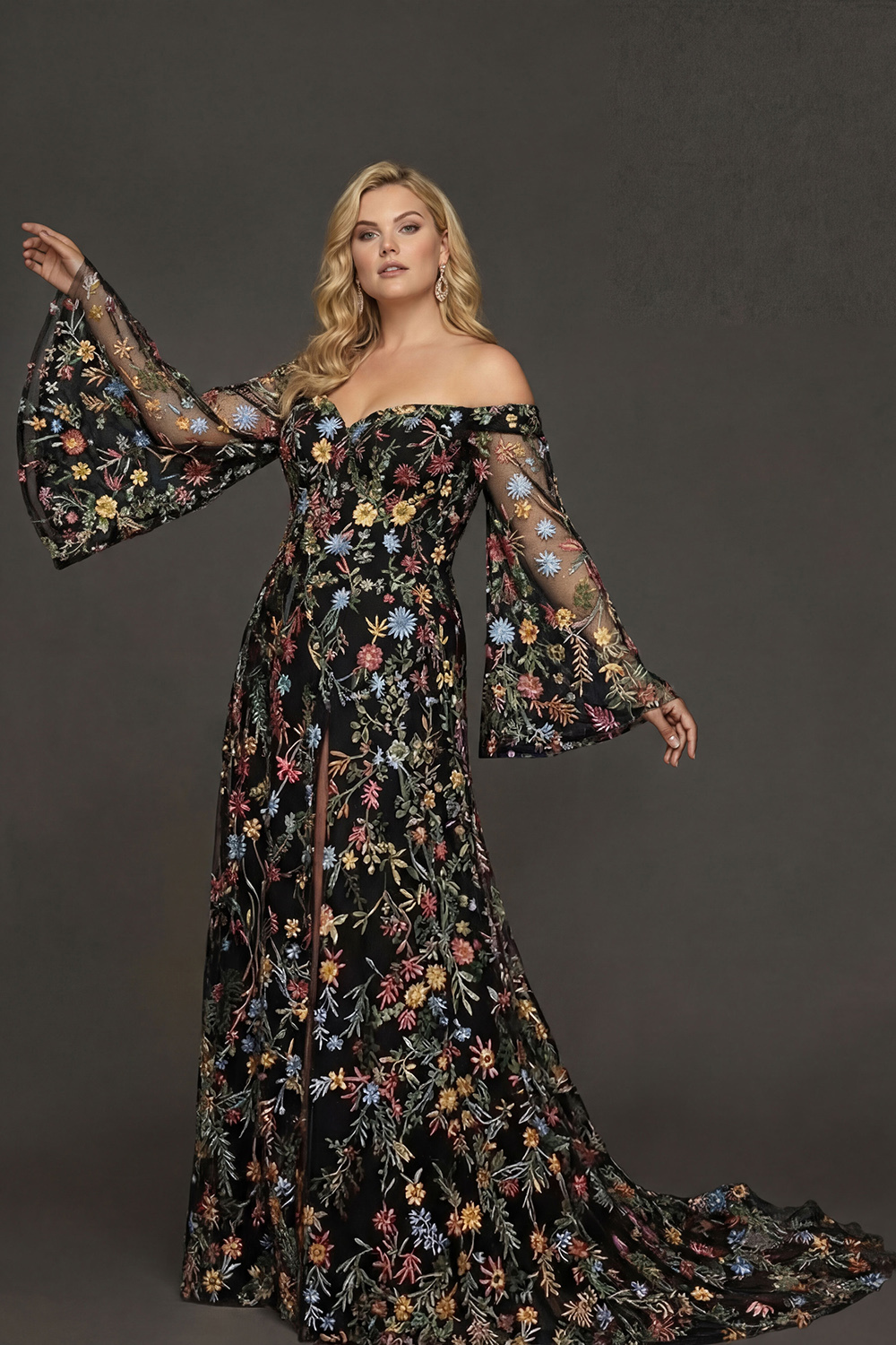 Embroidered Mauve Floral Plus Size Flutter Sleeves Maxi Prom Dress with Slit