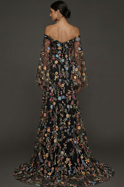 Mauve Floral Embroidered Flutter Sleeves Maxi Prom Dress with Slit