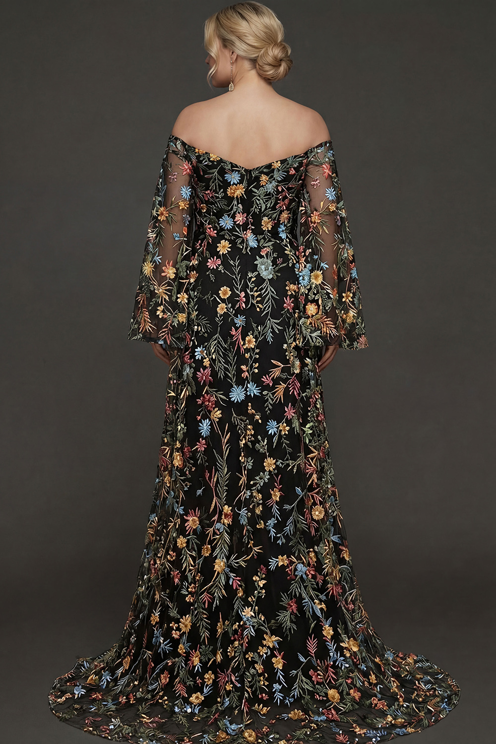 Embroidered Mauve Floral Plus Size Flutter Sleeves Maxi Prom Dress with Slit