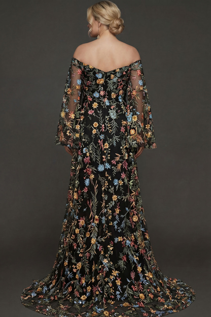 Embroidered Mauve Floral Plus Size Flutter Sleeves Maxi Prom Dress with Slit