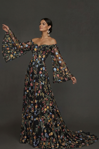 Mauve Floral Embroidered Flutter Sleeves Maxi Prom Dress with Slit