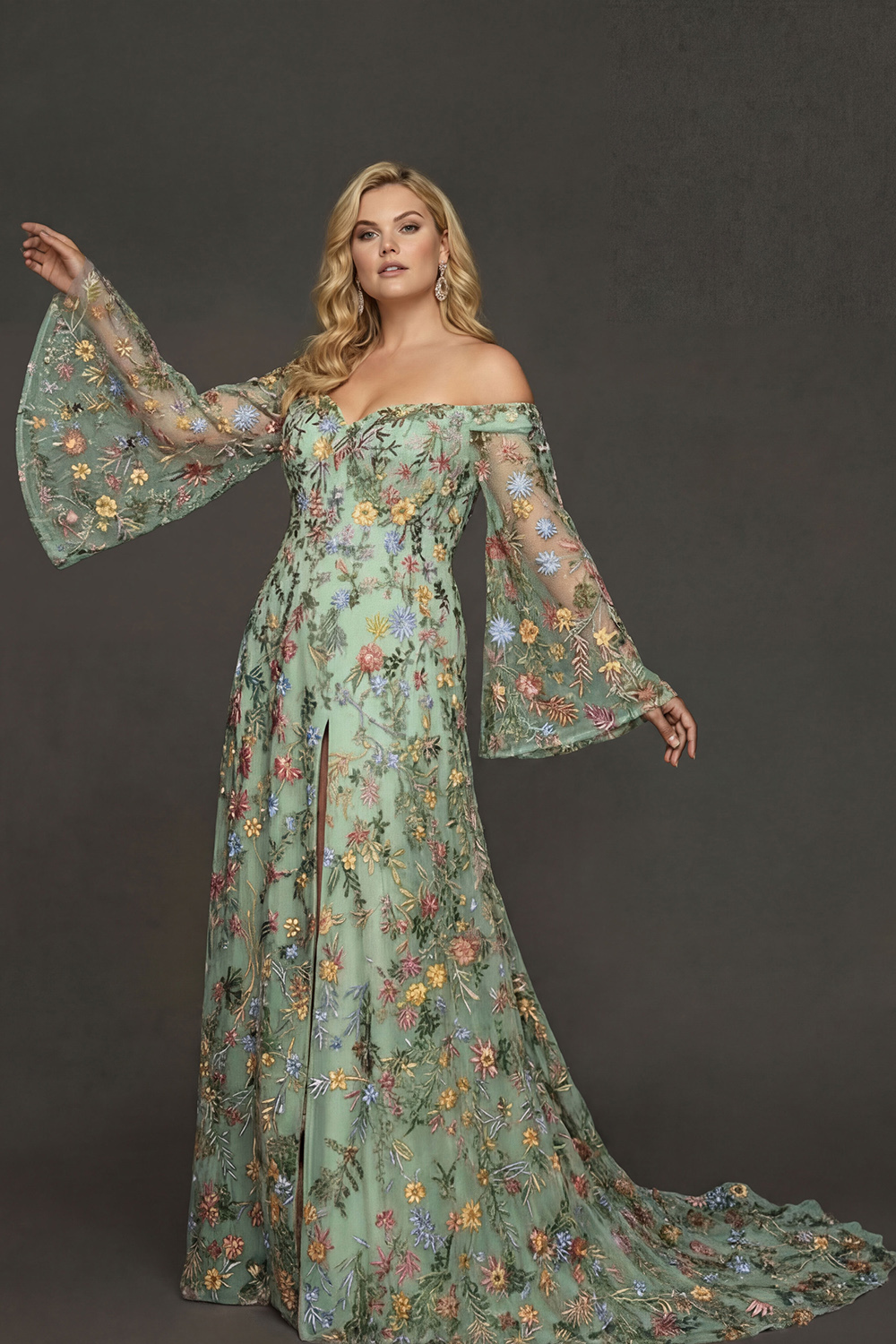 Embroidered Mauve Floral Plus Size Flutter Sleeves Maxi Prom Dress with Slit