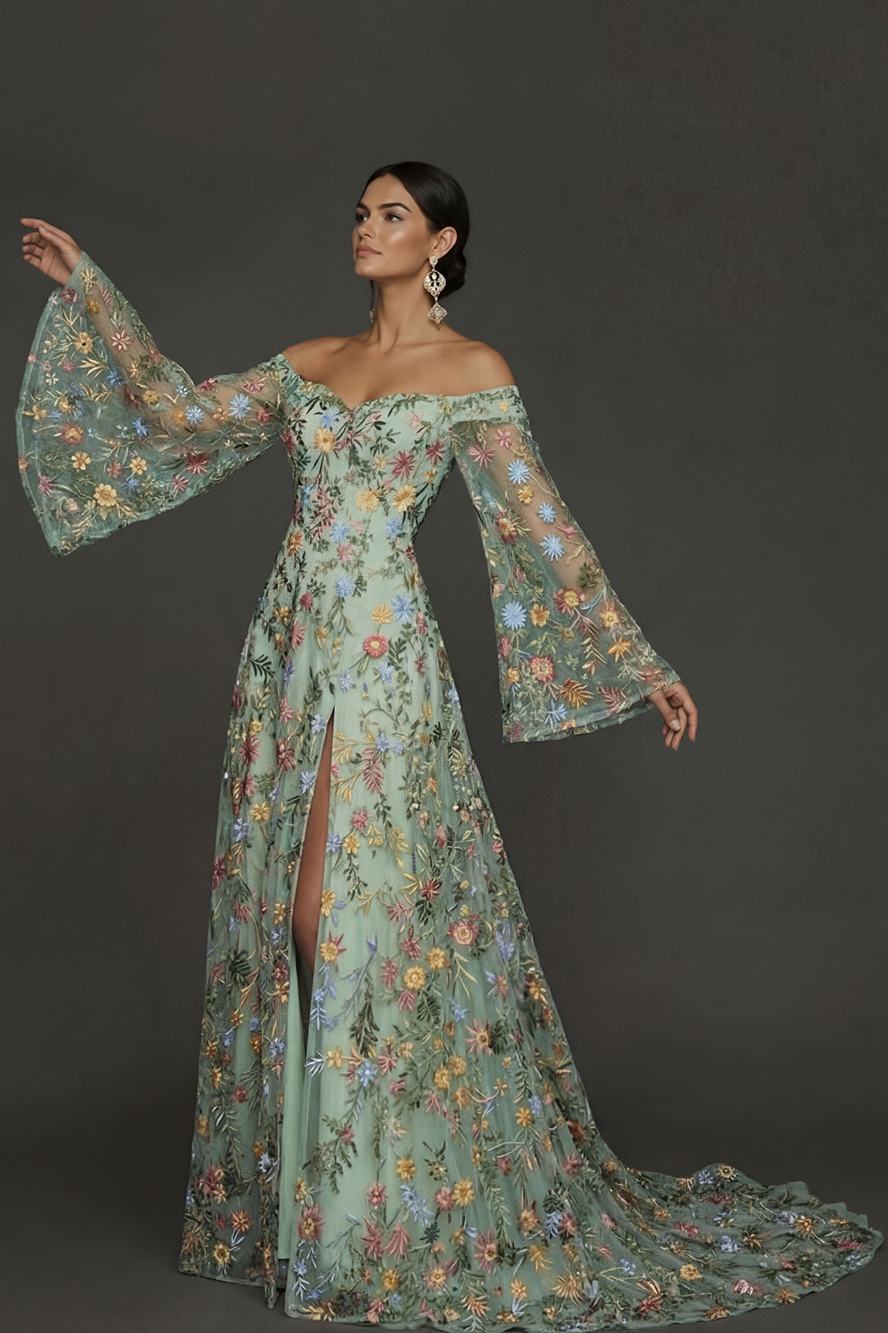 Mauve Floral Embroidered Flutter Sleeves Maxi Prom Dress with Slit