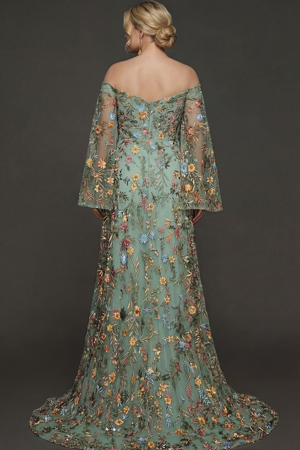 Embroidered Mauve Floral Plus Size Flutter Sleeves Maxi Prom Dress with Slit