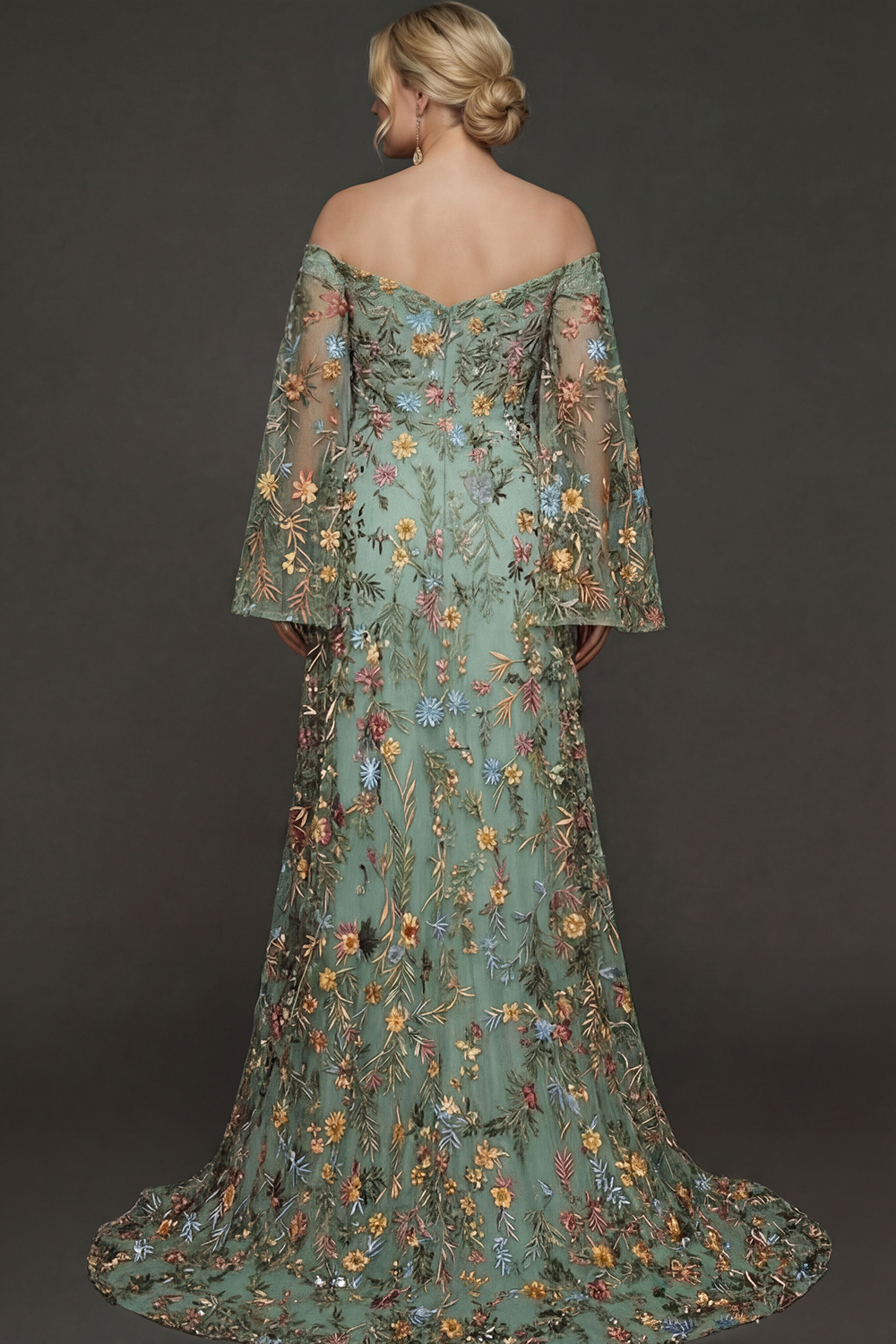 Embroidered Mauve Floral Plus Size Flutter Sleeves Maxi Prom Dress with Slit