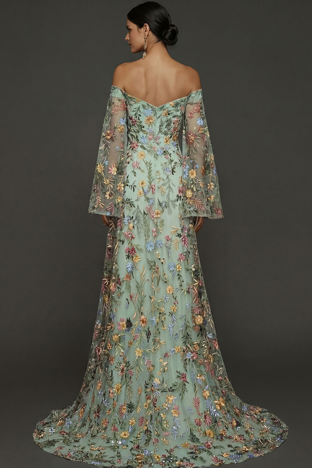 Mauve Floral Embroidered Flutter Sleeves Maxi Prom Dress with Slit