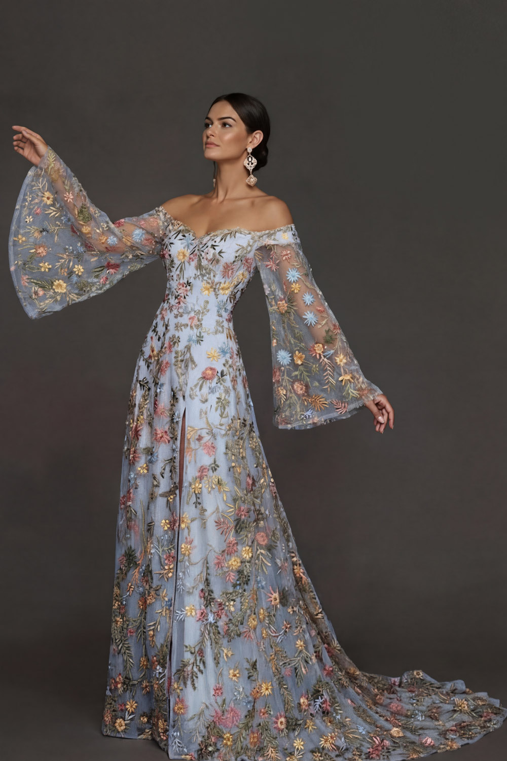 Mauve Floral Embroidered Flutter Sleeves Maxi Prom Dress with Slit