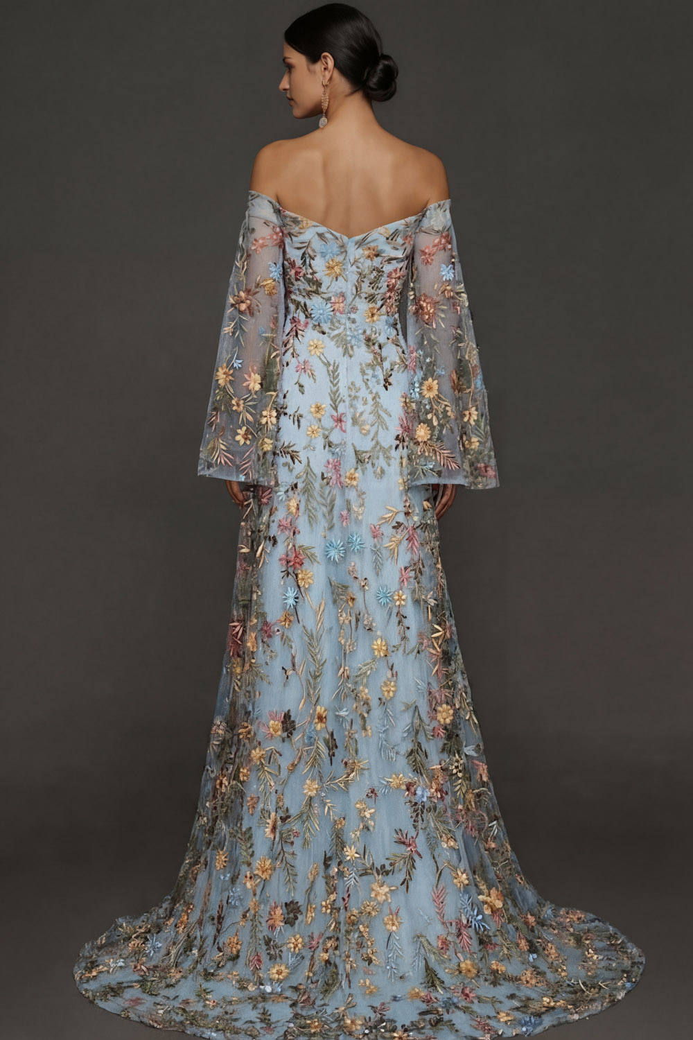 Mauve Floral Embroidered Flutter Sleeves Maxi Prom Dress with Slit