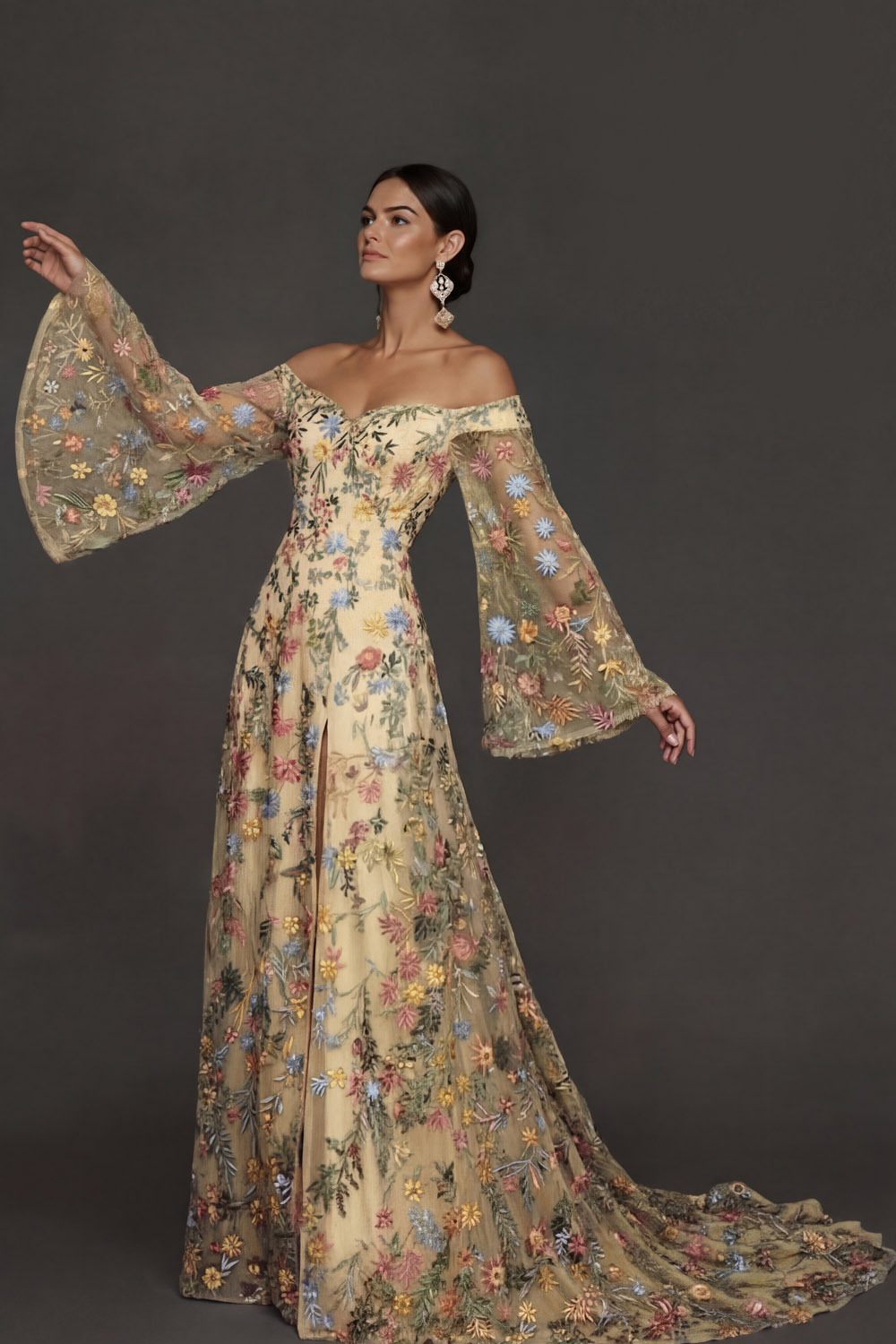 Mauve Floral Embroidered Flutter Sleeves Maxi Prom Dress with Slit