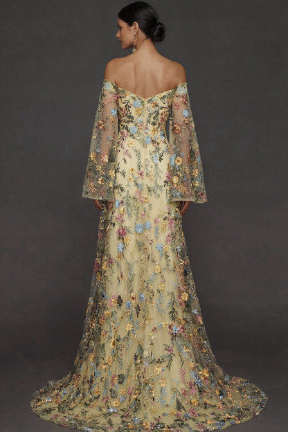 Mauve Floral Embroidered Flutter Sleeves Maxi Prom Dress with Slit