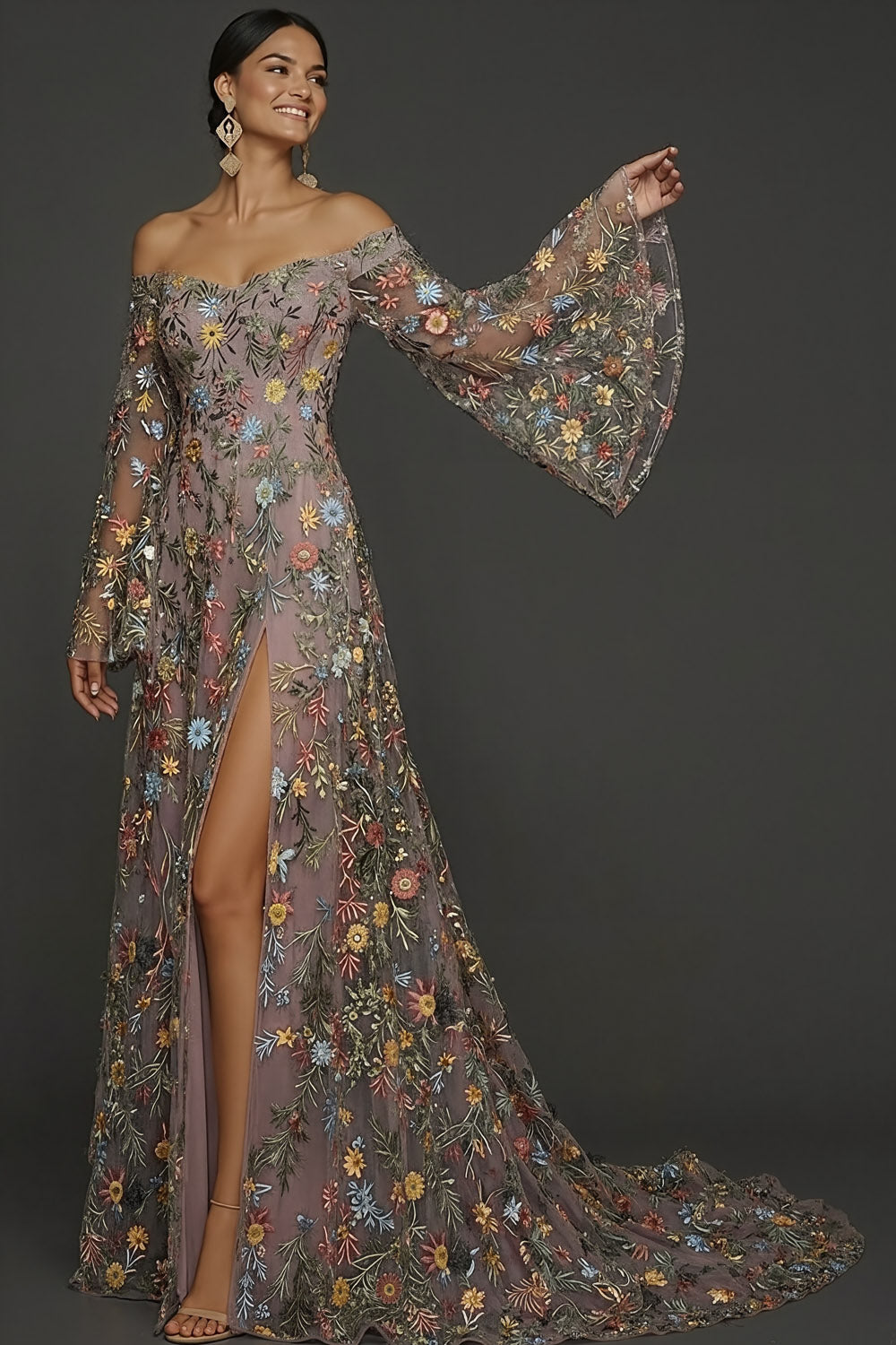 Mauve Floral Embroidered Flutter Sleeves Maxi Prom Dress with Slit