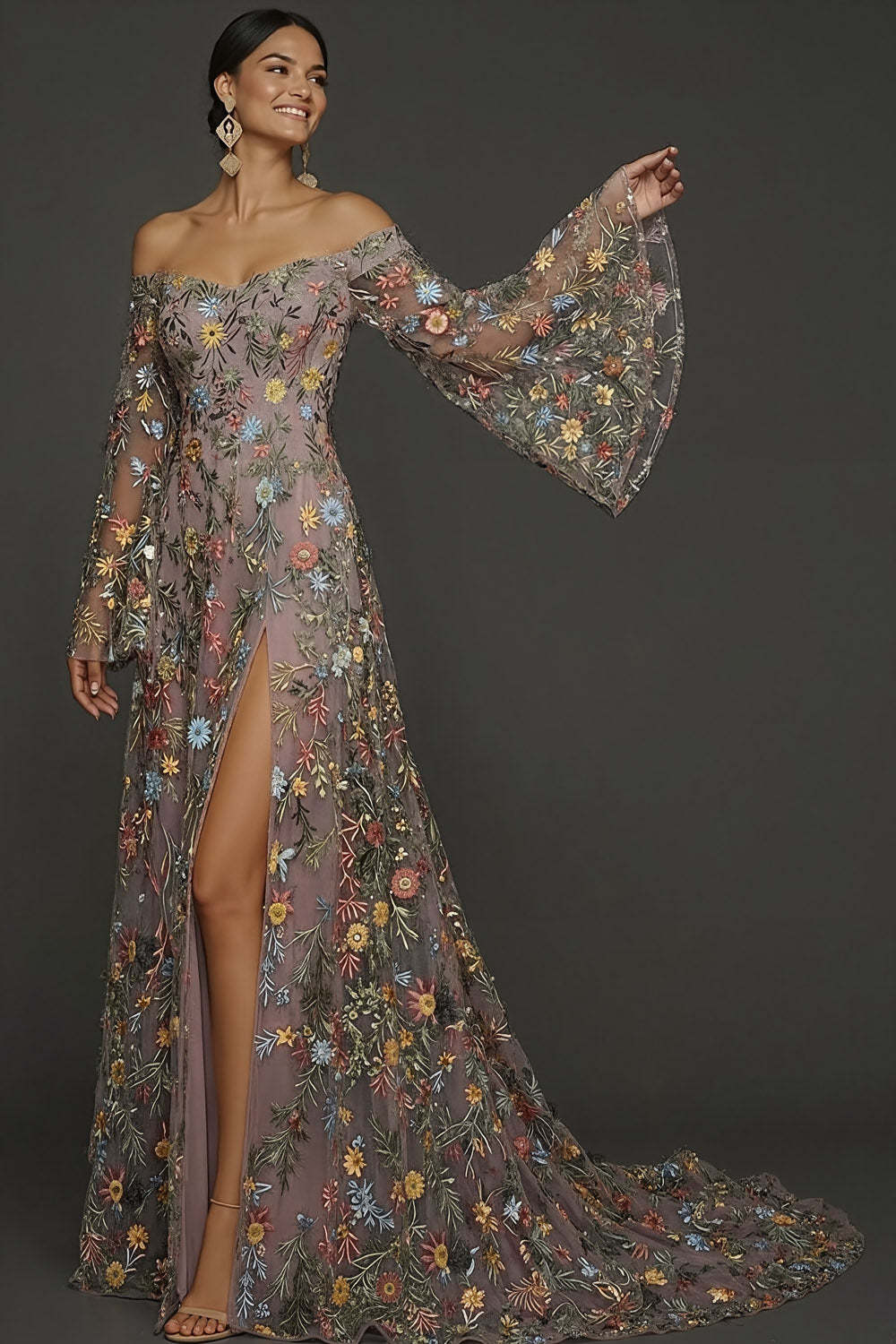 Mauve Floral Embroidered Flutter Sleeves Maxi Prom Dress with Slit