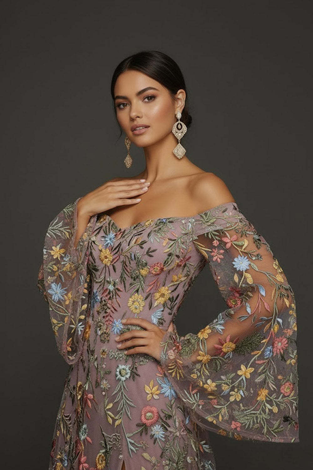 Mauve Floral Embroidered Flutter Sleeves Maxi Prom Dress with Slit