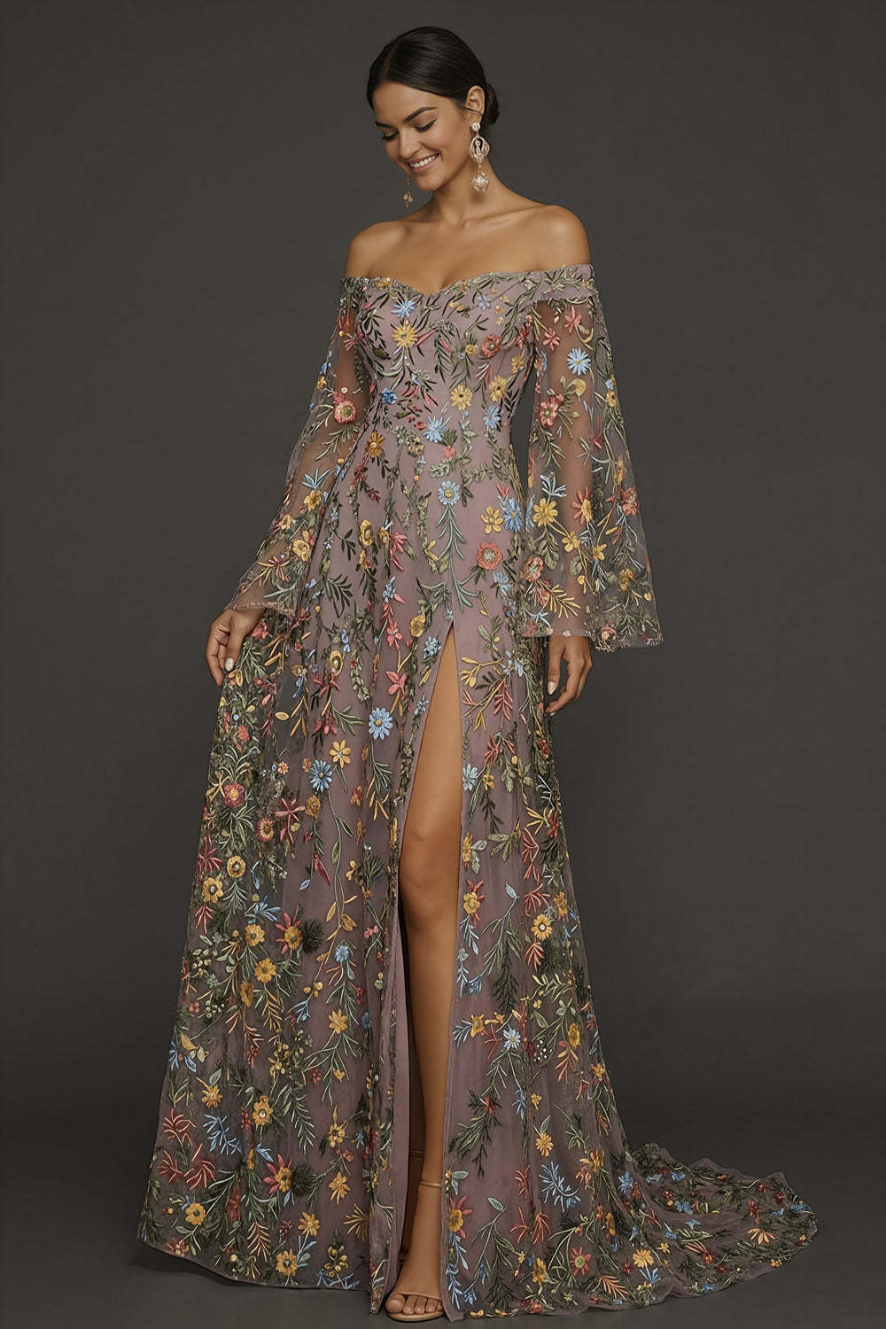 Mauve Floral Embroidered Flutter Sleeves Maxi Prom Dress with Slit
