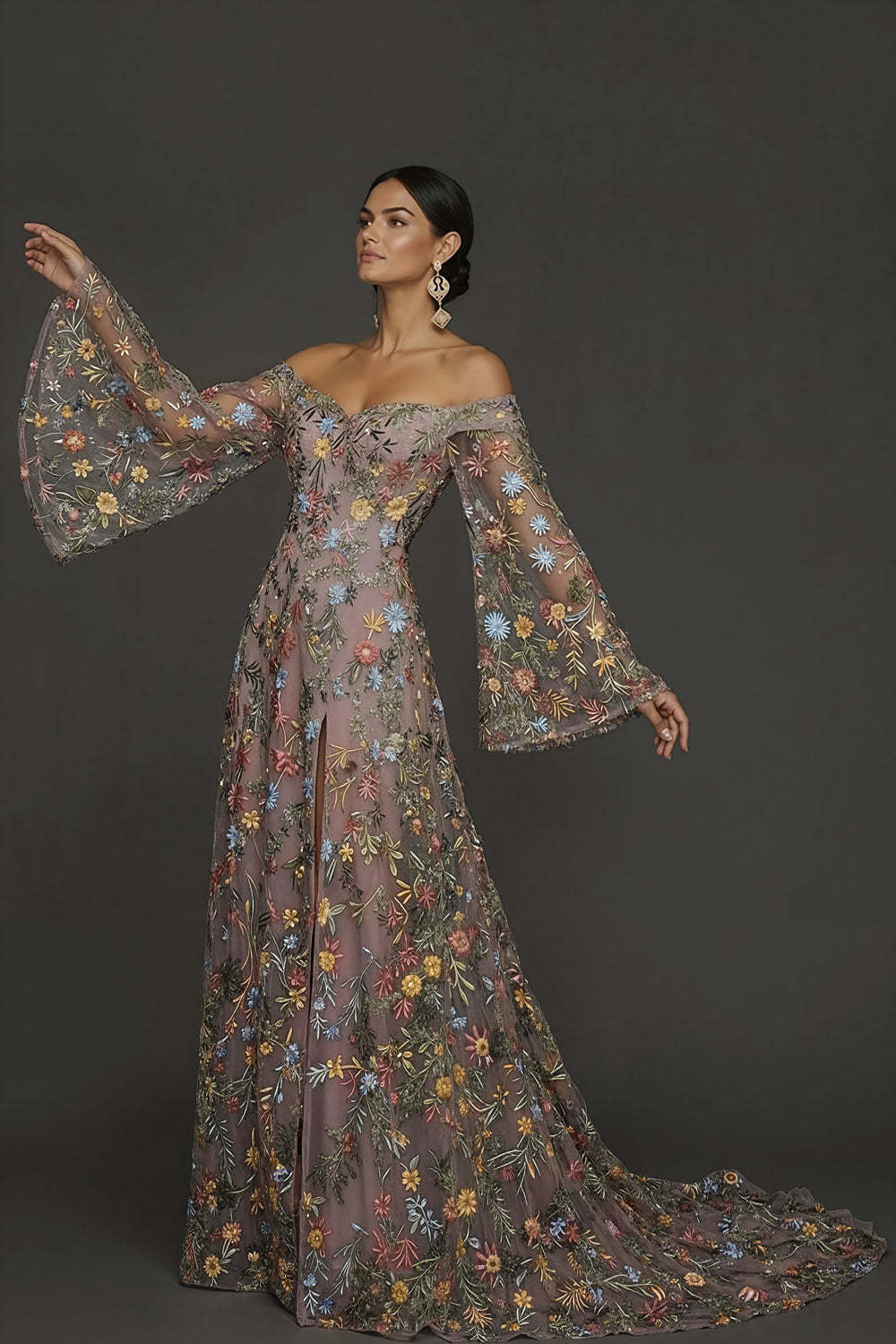 Leely Women Mauve Floral Maxi Prom Dress with Embroidery Off the Shoulder Flutter Sleeves A-Line Evening Dress with Slit
