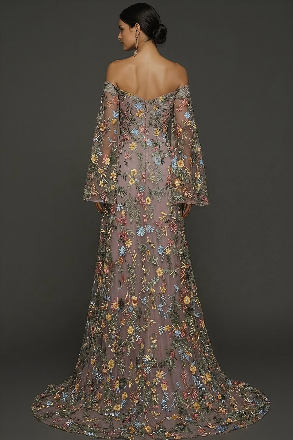 Mauve Floral Embroidered Flutter Sleeves Maxi Prom Dress with Slit