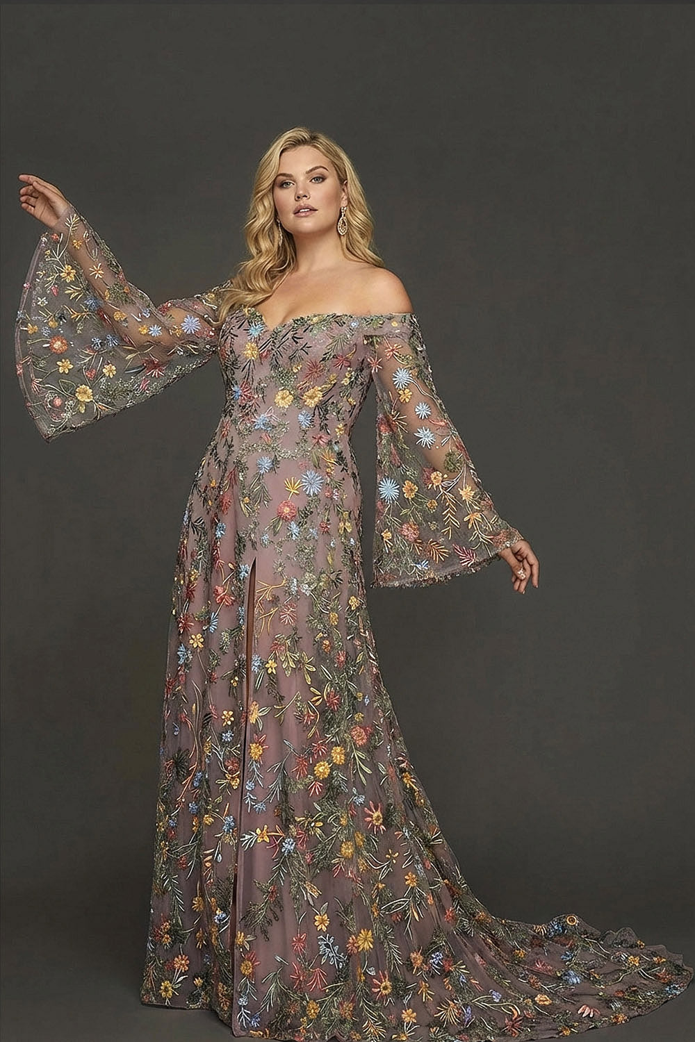 Embroidered Mauve Floral Plus Size Flutter Sleeves Maxi Prom Dress with Slit