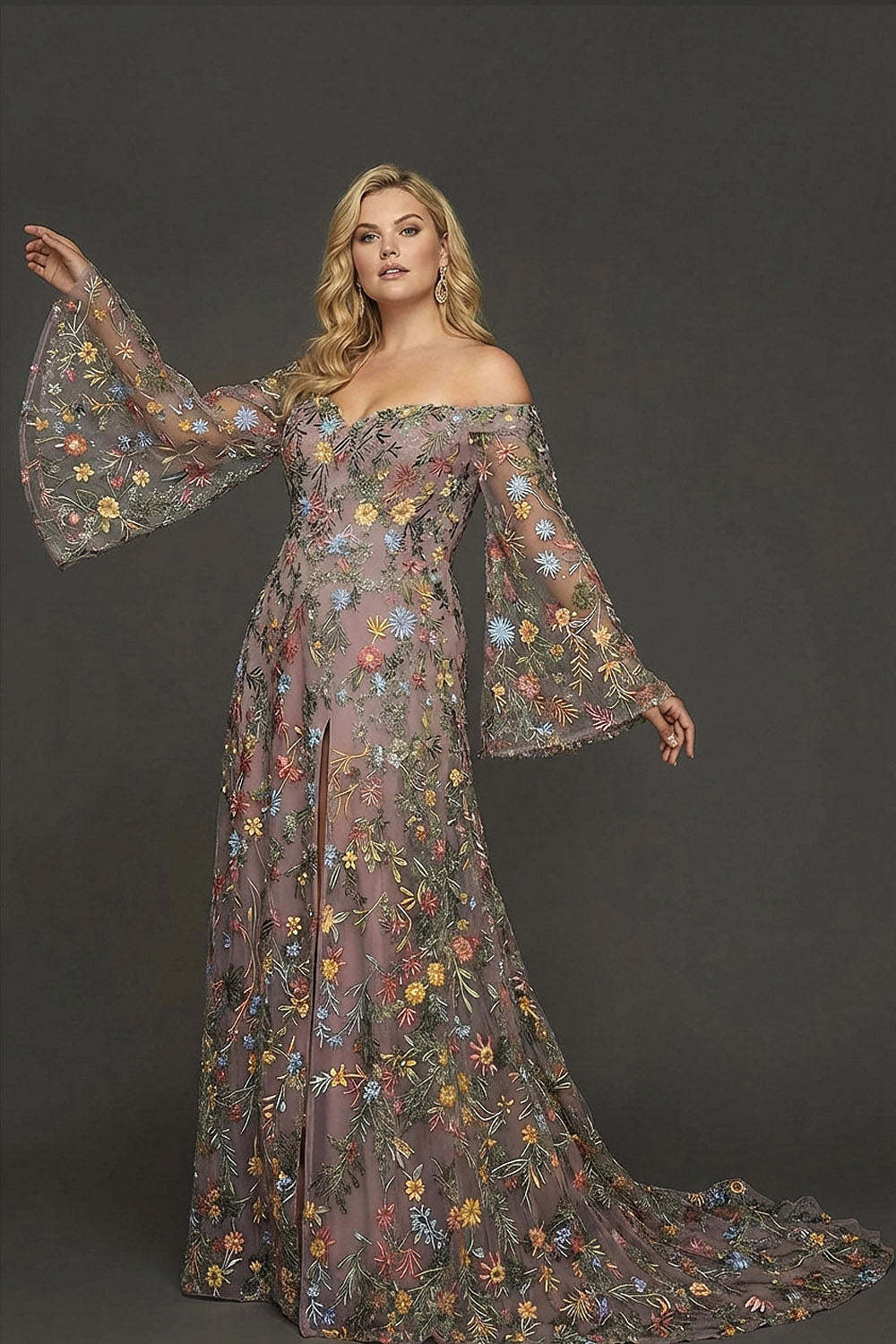 Embroidered Mauve Floral Plus Size Flutter Sleeves Maxi Prom Dress with Slit