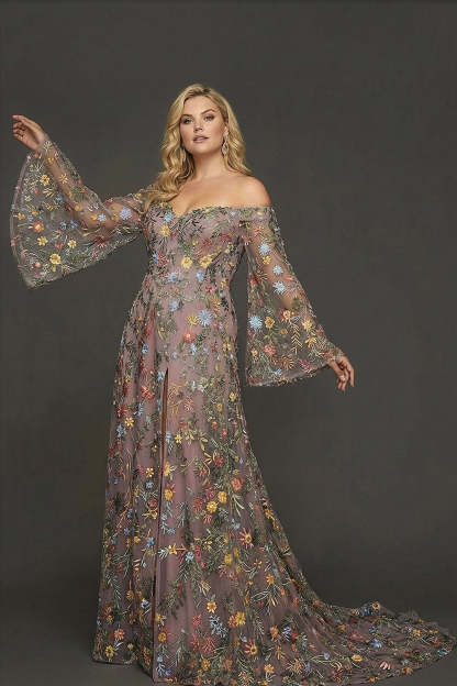 Embroidered Mauve Floral Plus Size Flutter Sleeves Maxi Prom Dress with Slit