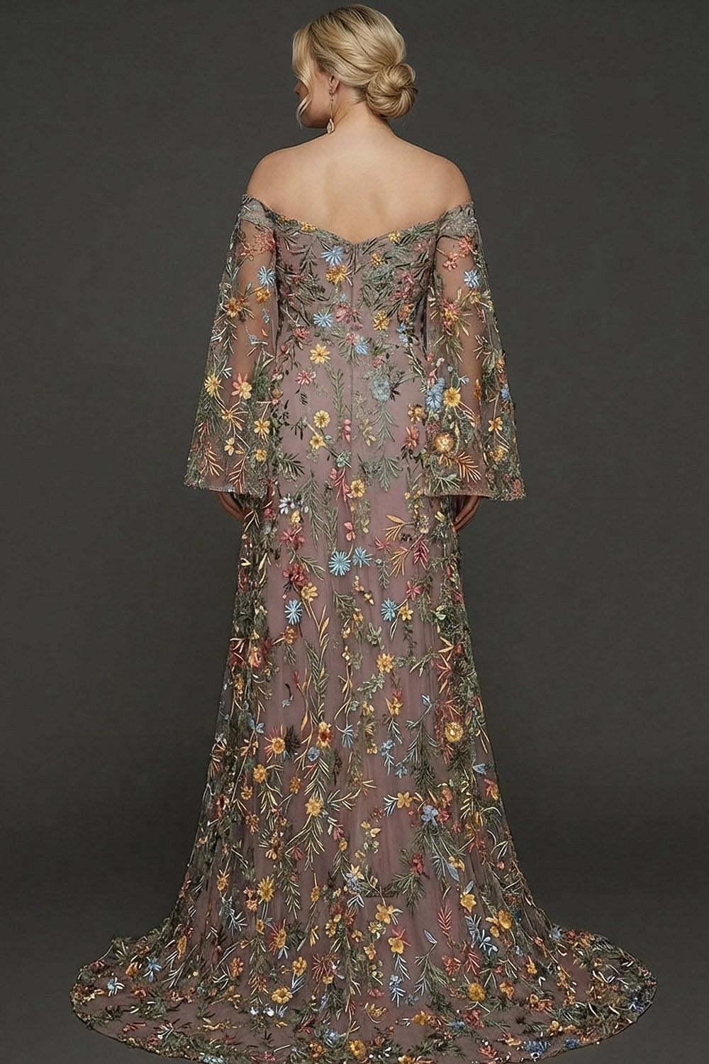 Embroidered Mauve Floral Plus Size Flutter Sleeves Maxi Prom Dress with Slit