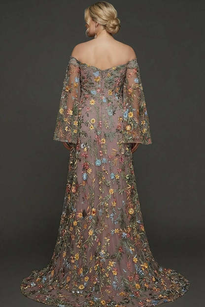 Embroidered Mauve Floral Plus Size Flutter Sleeves Maxi Prom Dress with Slit