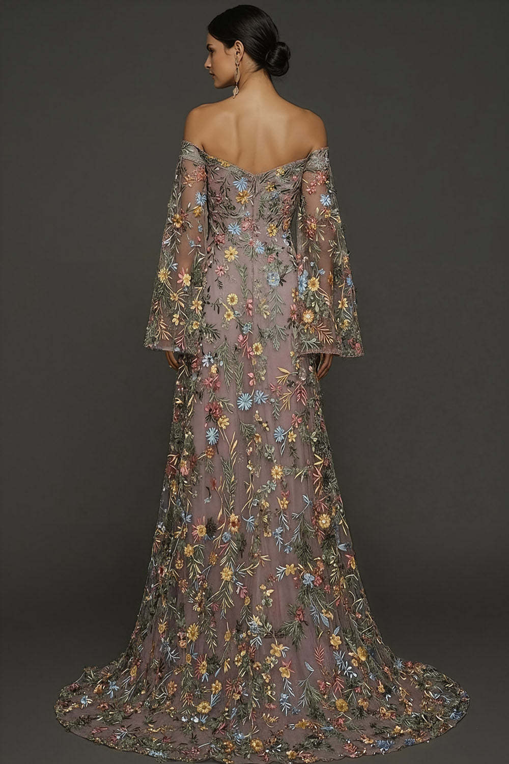 Mauve Floral Embroidered Flutter Sleeves Maxi Prom Dress with Slit