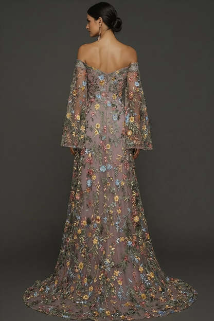 Mauve Floral Embroidered Flutter Sleeves Maxi Prom Dress with Slit
