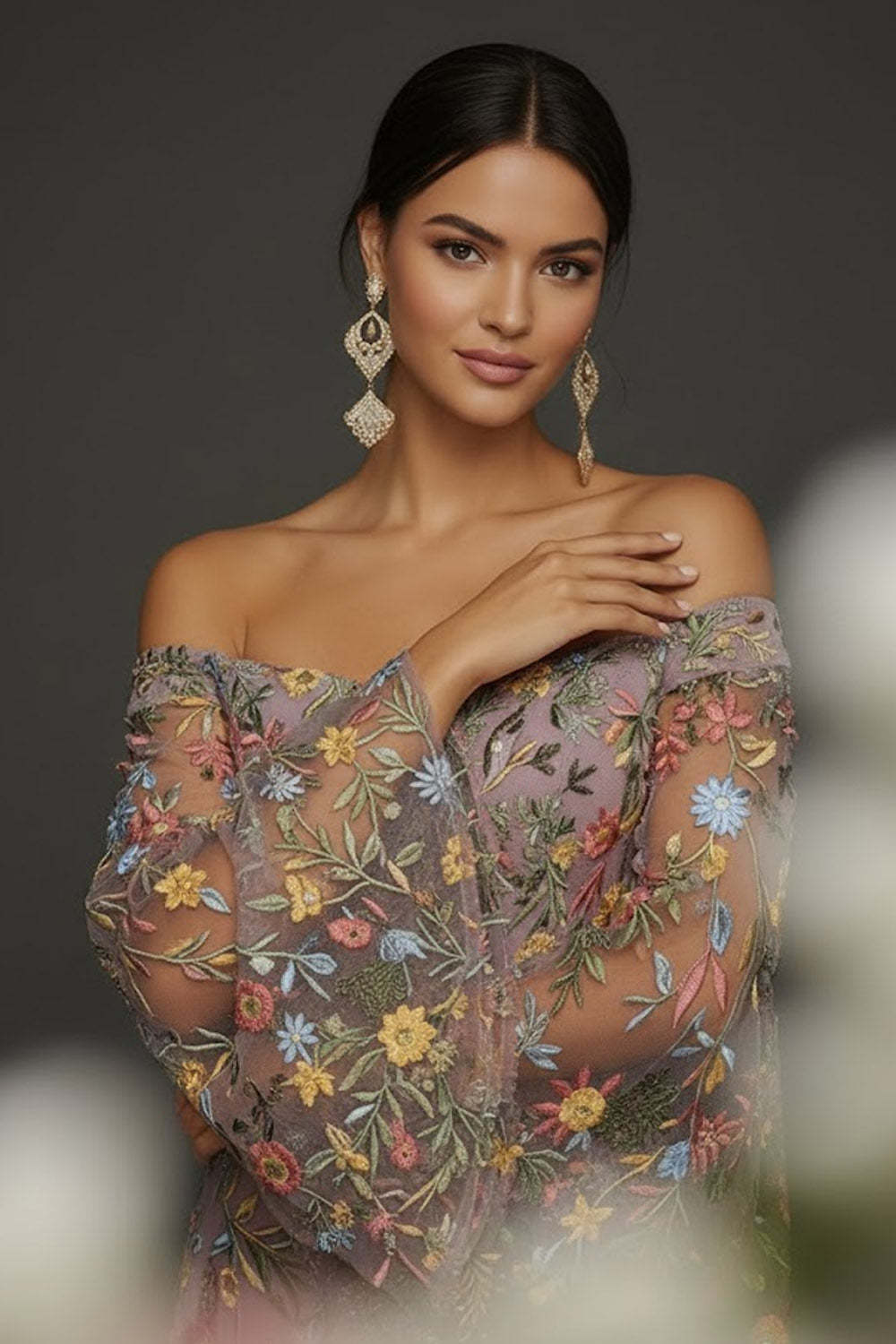 Mauve Floral Embroidered Flutter Sleeves Maxi Prom Dress with Slit