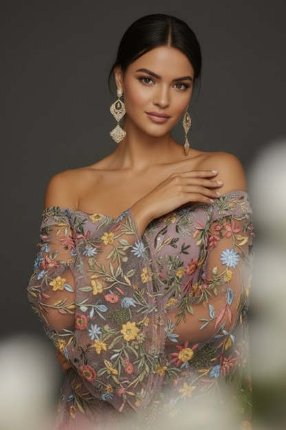 Mauve Floral Embroidered Flutter Sleeves Maxi Prom Dress with Slit