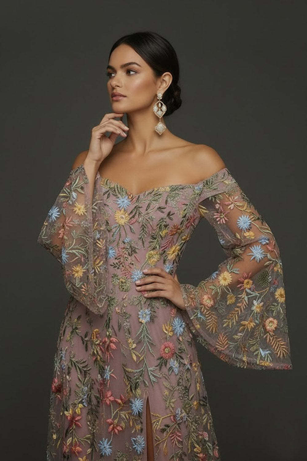 Mauve Floral Embroidered Flutter Sleeves Maxi Prom Dress with Slit