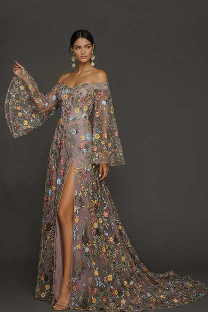 Mauve Floral Embroidered Flutter Sleeves Maxi Prom Dress with Slit