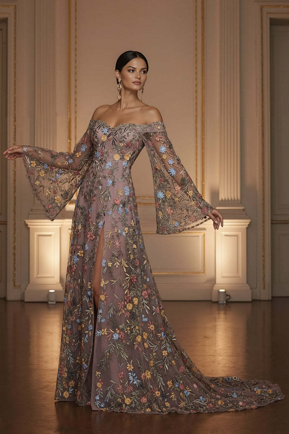 Mauve Floral Embroidered Flutter Sleeves Maxi Prom Dress with Slit