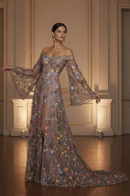 Mauve Floral Embroidered Flutter Sleeves Maxi Prom Dress with Slit