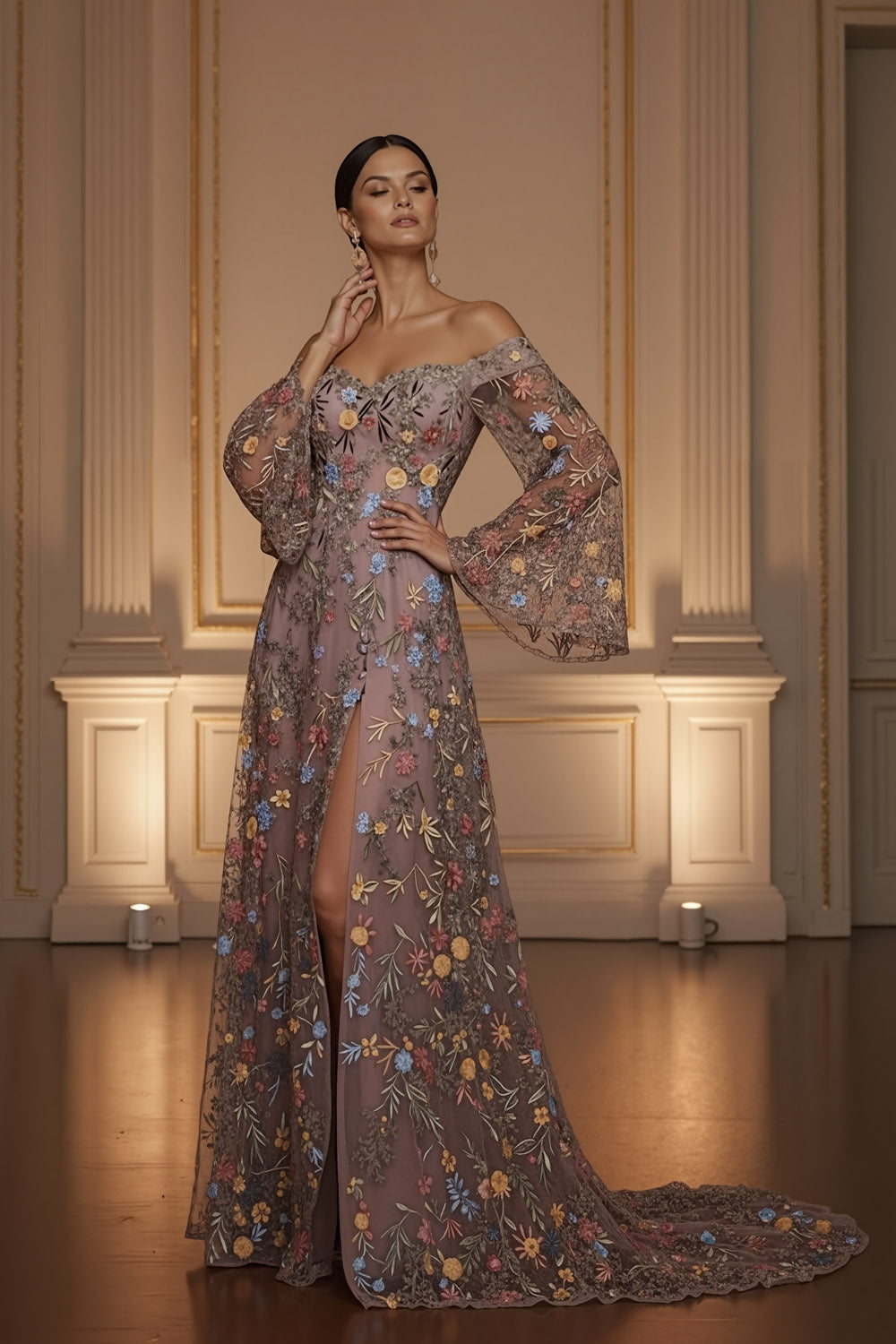 Mauve Floral Embroidered Flutter Sleeves Maxi Prom Dress with Slit