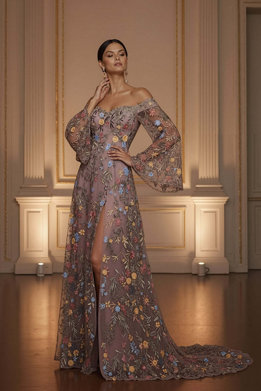 Mauve Floral Embroidered Flutter Sleeves Maxi Prom Dress with Slit