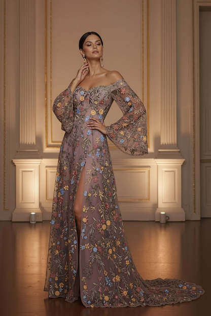 Mauve Floral Embroidered Flutter Sleeves Maxi Prom Dress with Slit