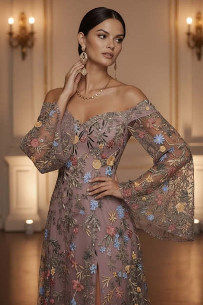 Mauve Floral Embroidered Flutter Sleeves Maxi Prom Dress with Slit